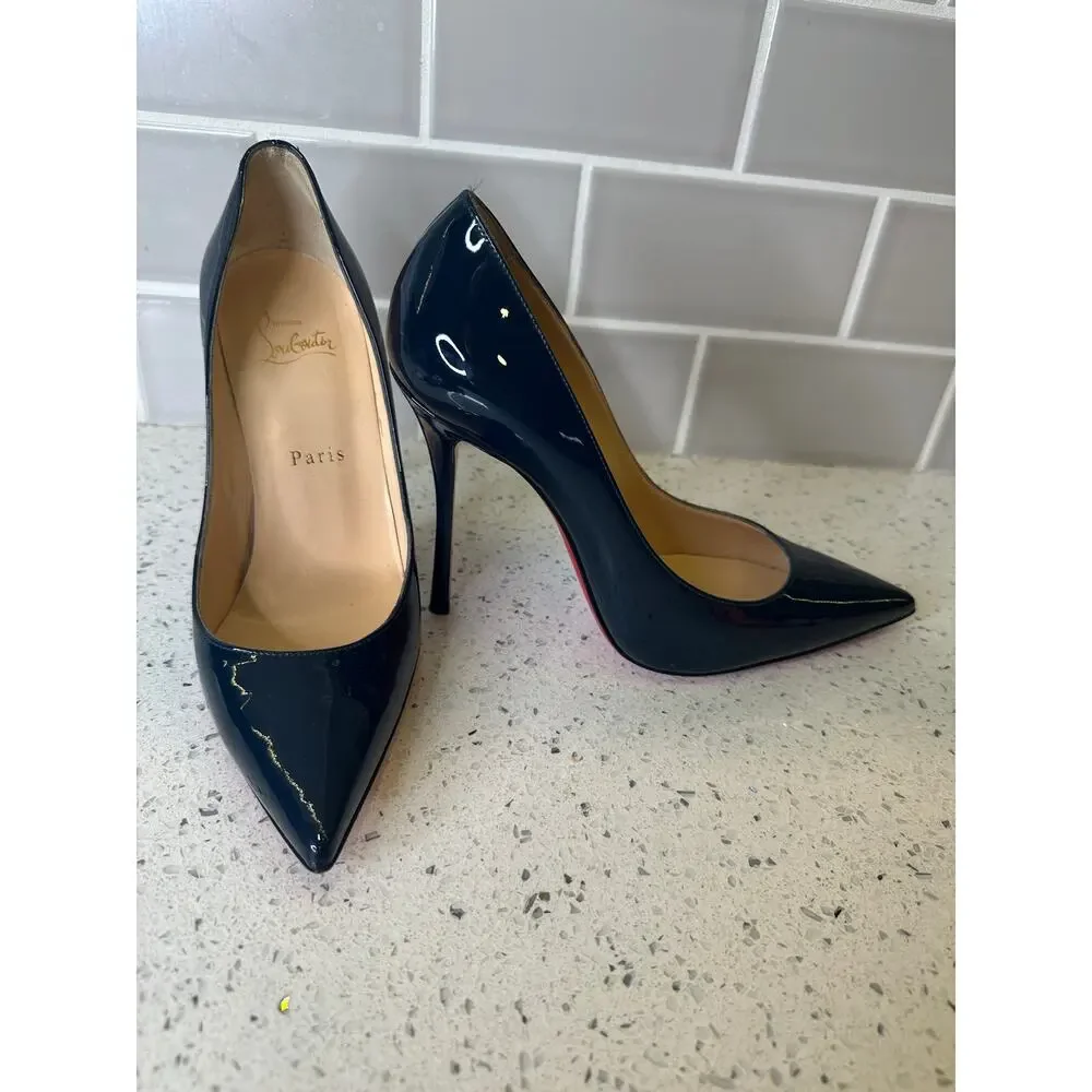 Christian Louboutin Navy Patent Leather Pointed-Toe Pumps - Size 38 (So Kate)